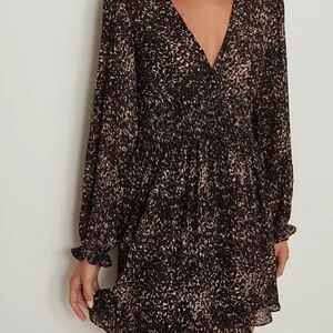 Black & Pink Printed V-Neck Long Sleeve Mini Dress